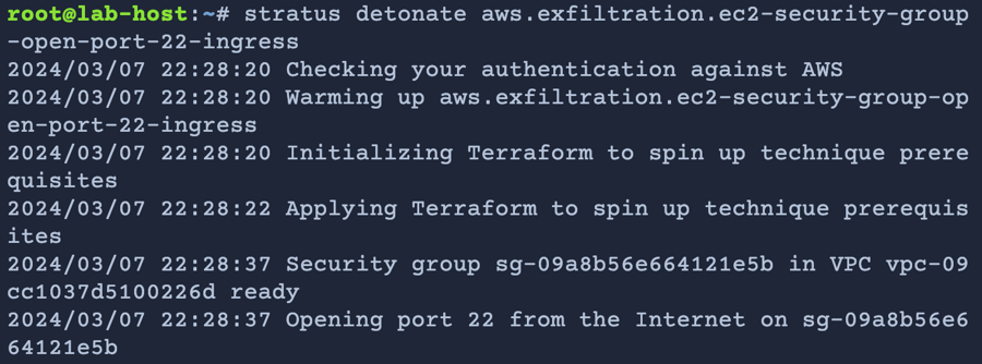 Expected terminal output for exfiltration detonation. Stratus Red Team uses Terraform to spin up technique prerequisites, creates a VPC, and opens port 22 on a security group