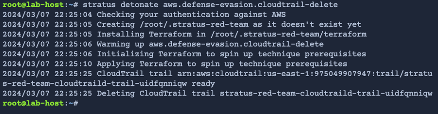 Expected terminal output for defense-evasion detonation. Stratus Red Team uses Terraform to spin up technique prerequisites. The output ends with confirmation a CloudTrail trail is being deleted