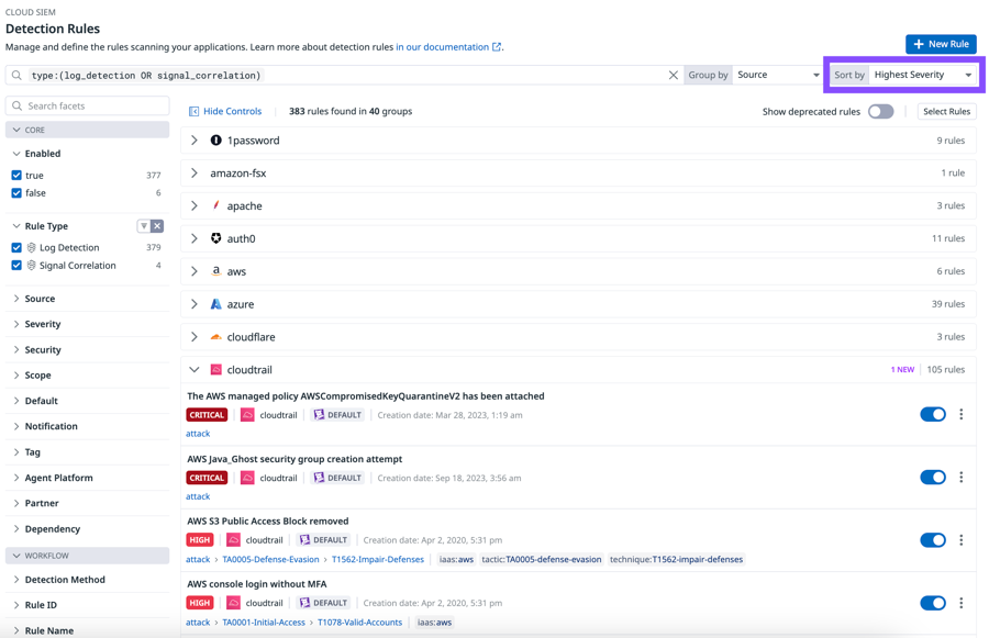 cloudtrail detection rules sorted by severity