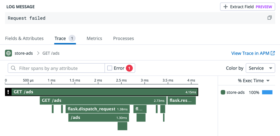 Example of the trace for an error log.