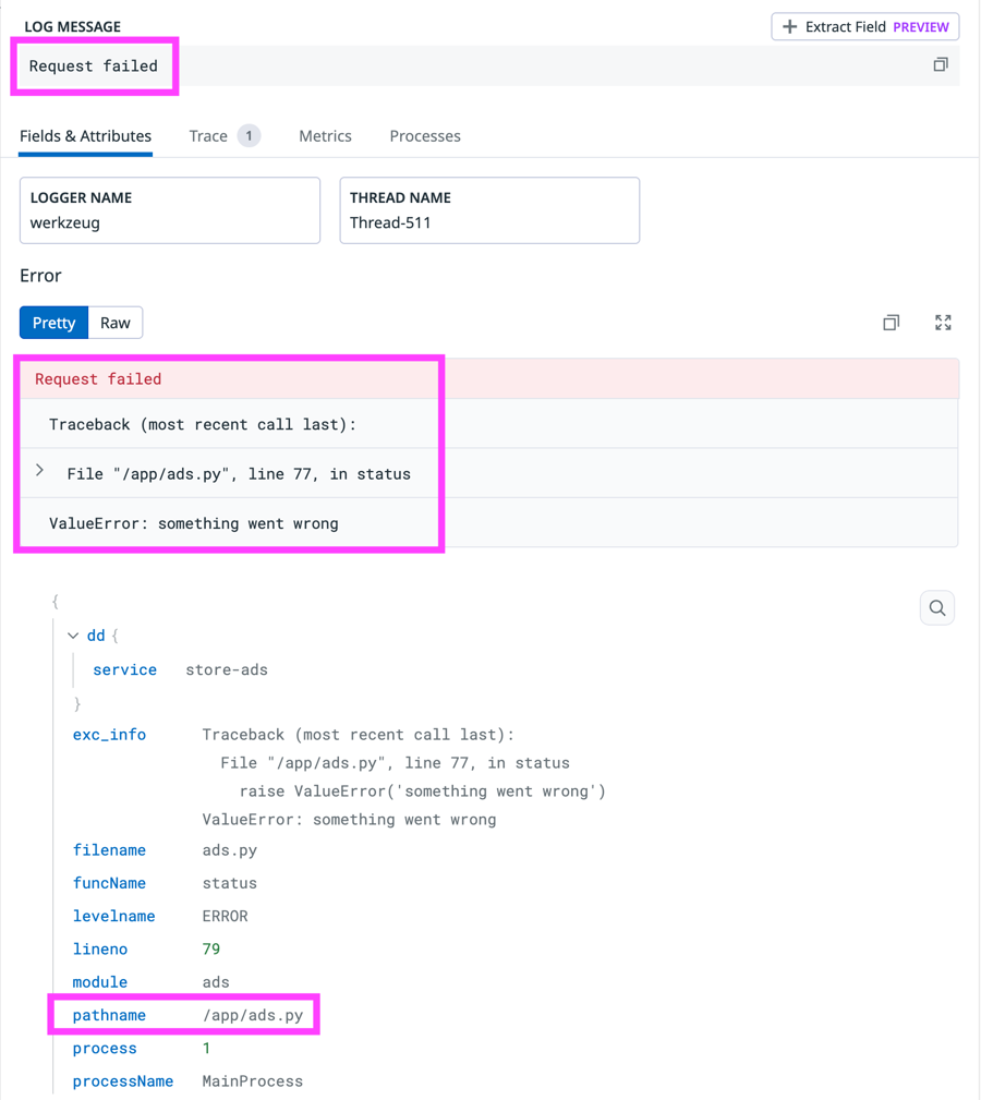 Example of the details of an error log.