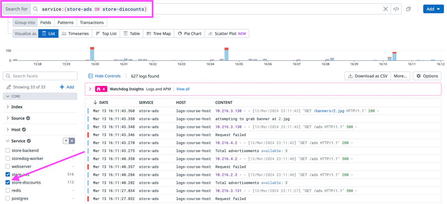 The Log List is filtered to logs for service:store-ads or service:store-discounts.