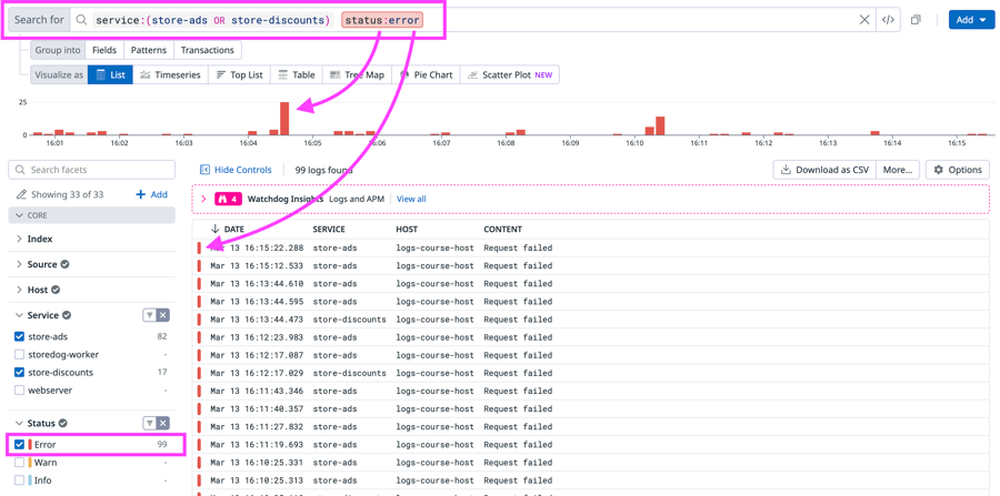 The Log List is filtered to logs for service:store-ads or service:store-discounts, and status:error.