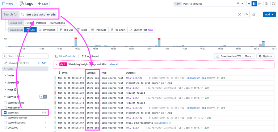 The Log List is filtered to logs for service:store-ads.