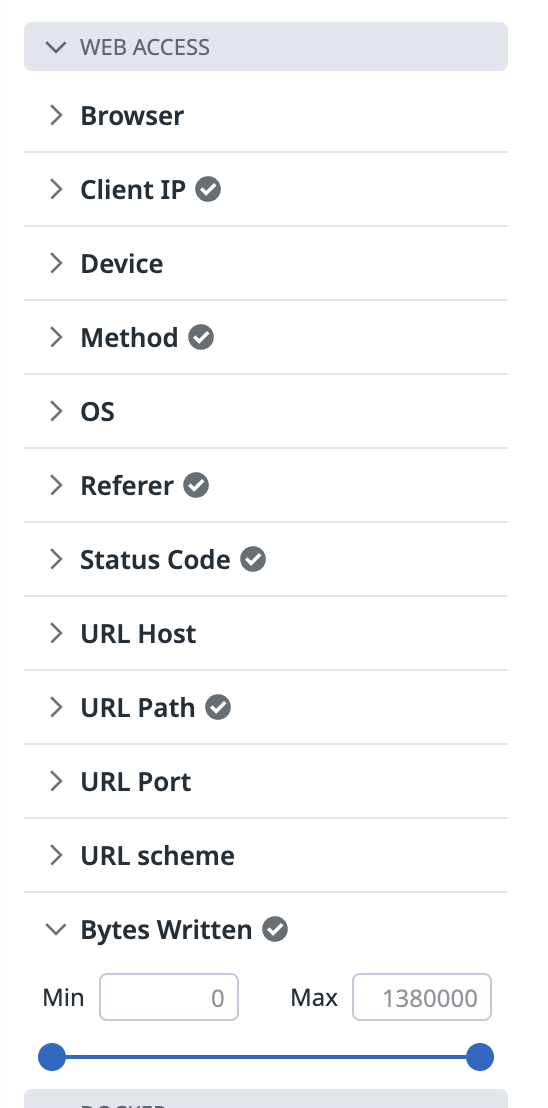 The new Bytes Written facet under Web access in the facets list.
