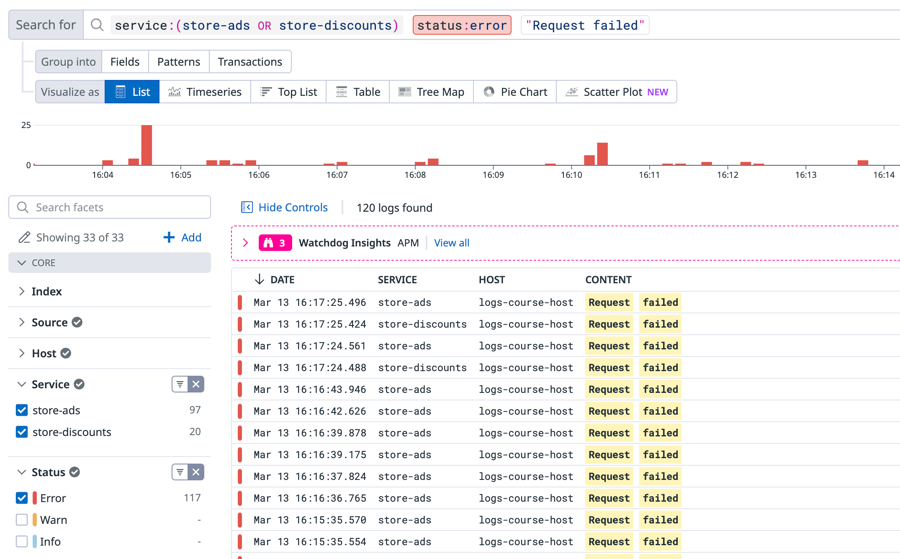 The Log List is filtered to logs for service:store-ads or service:store-discounts, and status:error.